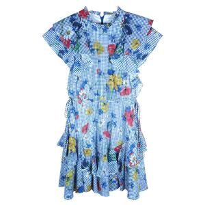 Pearl by Lela Rose Floral Gingham Dress 8 Blue White Ruffle Detail Cottagecore